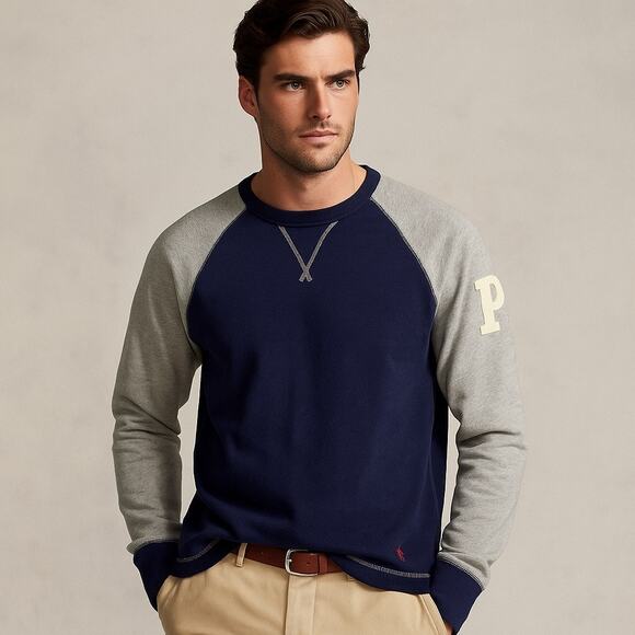 Polo RALPH LAUREN Varsity Patch Raglan Long Sleeve T-shirt 2XL Blue Grey Preppy - Picture 1 of 8